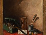 painting of a still life with a box, pen and other items