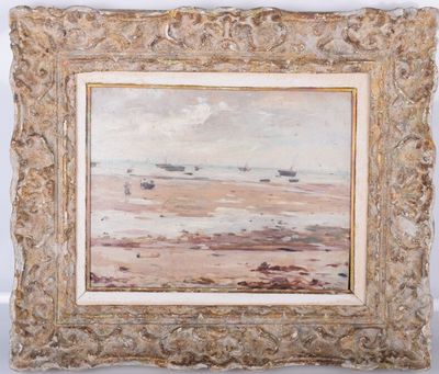 une peinture à l'huile représentant une scène de plage avec des bateaux au loin