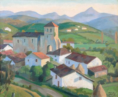 an image of a painting of a village on a hill
