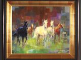 tableau représentant un groupe de chevaux dans un champ, avec une grange rouge en arrière-plan