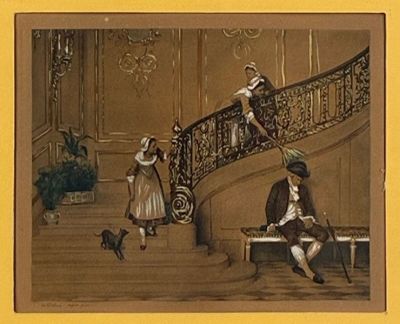 un tableau représentant une femme assise sur un banc devant un escalier