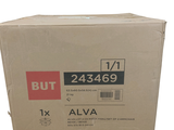 a cardboard box with a red and black label on it