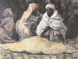 a painting of a man and a woman sitting on a bed