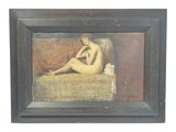 tableau représentant une femme nue assise sur un canapé, dans un cadre noir