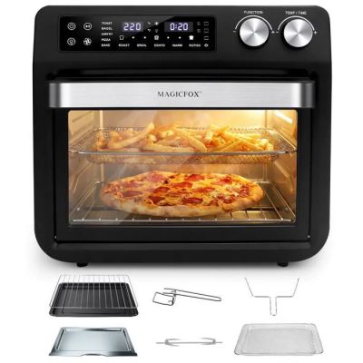 une photo d'une friteuse-four noir et argent contenant des pizzas