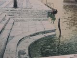 a drawing of a person sitting on a bench by the water