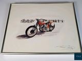 painting of a motorcycle in a frame on a white surface