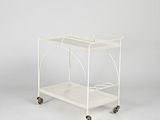 a white metal serving cart with two wheels and a handle