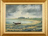 une peinture à l'huile représentant un bateau dans un champ près d'un plan d'eau