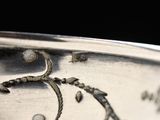 a close up of a silver plate with a design on it