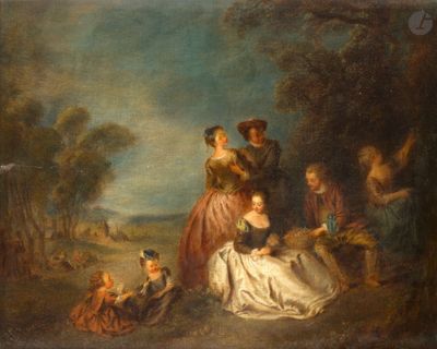 une image d'un tableau représentant un groupe de personnes dans un cadre boisé