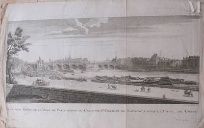 a drawing of a view of a city with a bridge