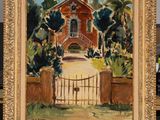 an image of a painting of a house with a gate in front of it