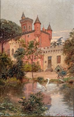 une photo d'un tableau représentant un château avec des cygnes dans l'eau
