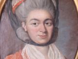 portrait of a woman in a red dress and a white scarf