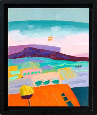 an image of a painting of a landscape with a bus in the foreground