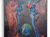 une peinture à l'huile représentant deux personnes debout sur un fond rouge et noir