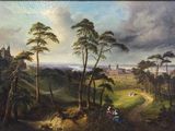 painting of a landscape with a castle in the distance and people sitting on the ground