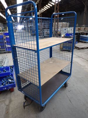 blue steel wire mesh shelf cart with wooden top