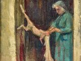 une peinture à l'huile représentant une femme et un chat dans un embrasure de porte
