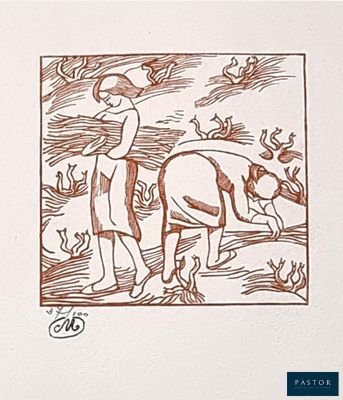 un dessin représentant un homme à cheval, avec un oiseau en arrière-plan