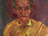 une peinture à l'huile représentant un homme en chemise jaune tenant un couteau