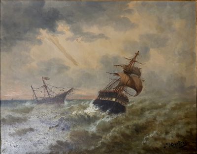 tableau représentant deux bateaux sur une mer agitée, avec le ciel en arrière-plan
