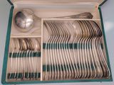 silverware in a case with spoons, forks and spoons in it