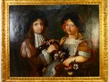 tableau représentant deux enfants tenant des fleurs, dans un cadre doré