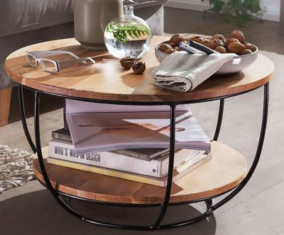 Table basse double plateau en acacia et acier, 60x34,5 cm- r…