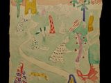 drawing of a drawing of a road with houses, trees, and flowers