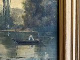 a painting of a man in a boat on the water
