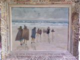 une peinture représentant un groupe de personnes marchant sur la plage
