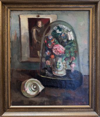 an oil painting of a vase with flowers and a shell on a table