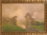an image of a painting of a river with trees in the background