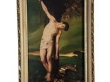 une peinture à l'huile représentant un homme sur un arbre avec un serpent
