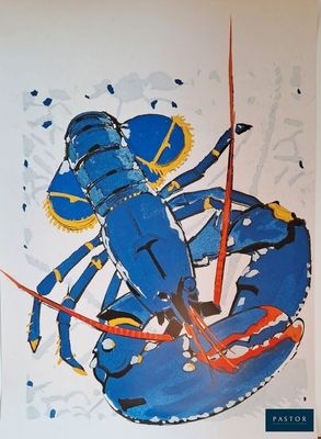 peinture représentant un homard bleu sur fond blanc, avec un bâton rouge