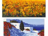 deux tableaux représentant des fleurs et une maison au loin