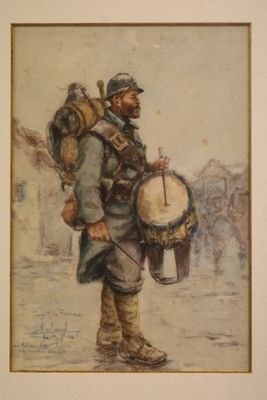 painting of a man with a drum and a backpack on his back