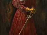 une image représentant un tableau où l'on voit une femme en robe rouge tenant une épée