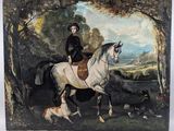 un tableau représentant une femme à cheval accompagnée d'un chien