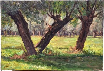 painting of two trees in a field with grass and trees in the background
