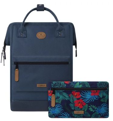 a blue backpack and a blue purse with tropical print