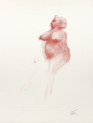 dessin représentant une femme en robe rouge assise sur une chaise