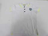 a white polo shirt with yellow trims and a tiger on the chest
