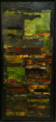 painting of a black frame with a painting of a green and red landscape