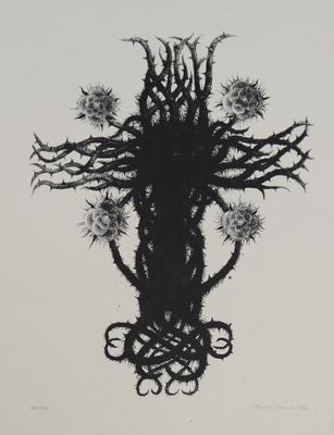 un dessin en noir et blanc représentant un arbre avec des branches et des fleurs