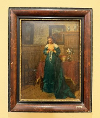 painting of a woman in a green dress standing in a room