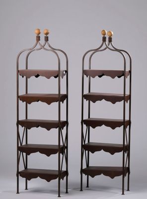 pair of iron and wood wine racks