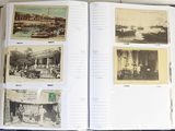 an open book that has pictures of people and buildings on it